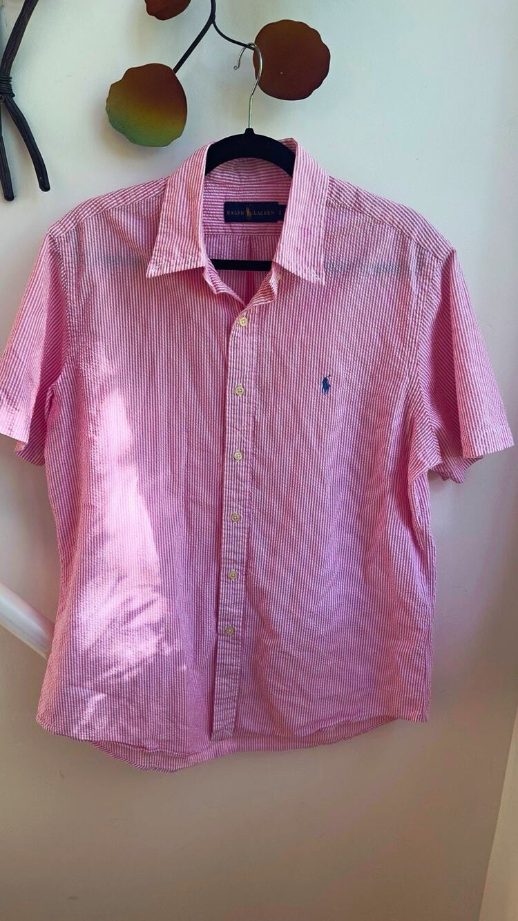 Ralph Lauren Seersucker Shirt Men L Pink White Stripe Short Sleeve Pony
